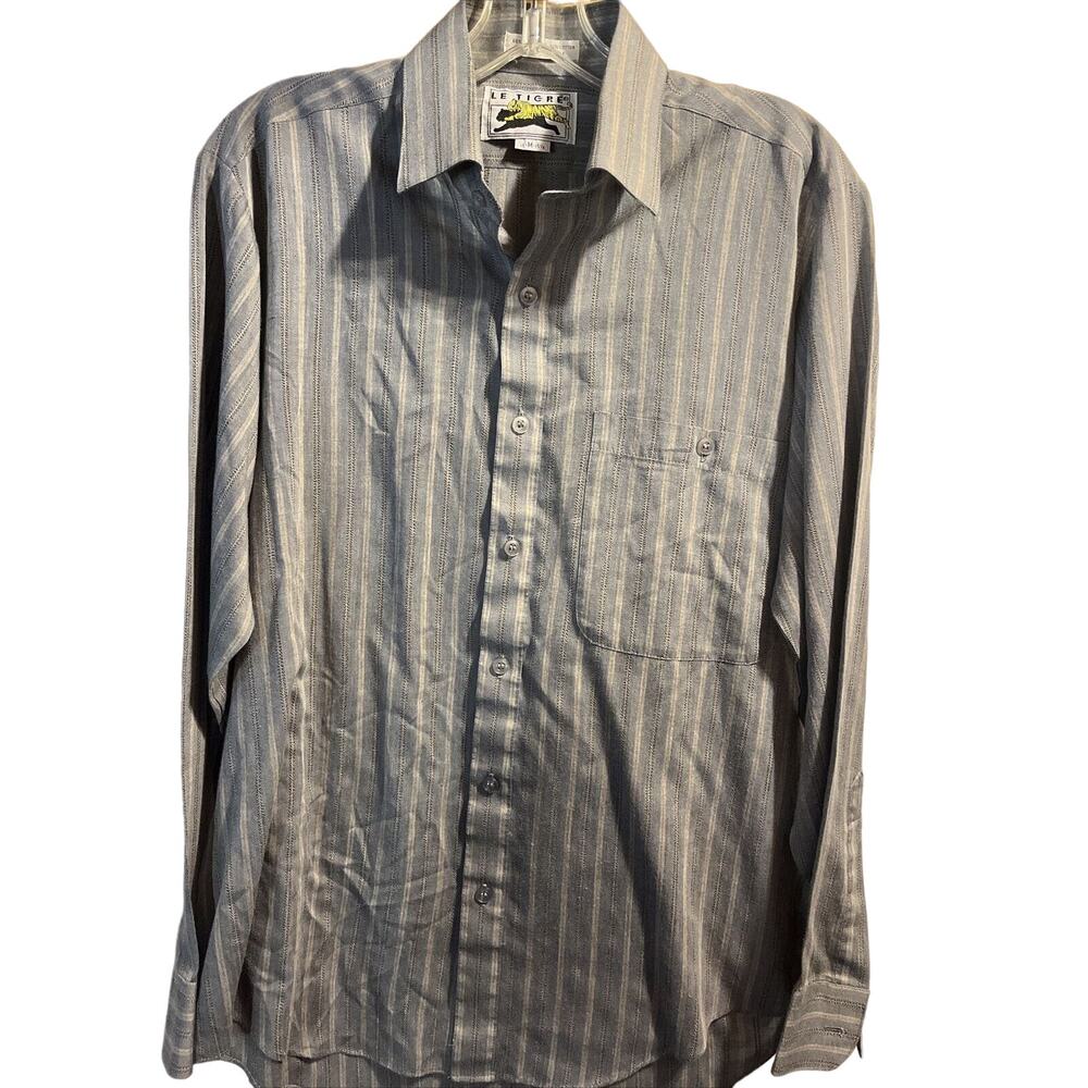 Le Tigre Vintage Men’s M Gray Stripe Long Sleeve Button Down Poly Blend Shirt